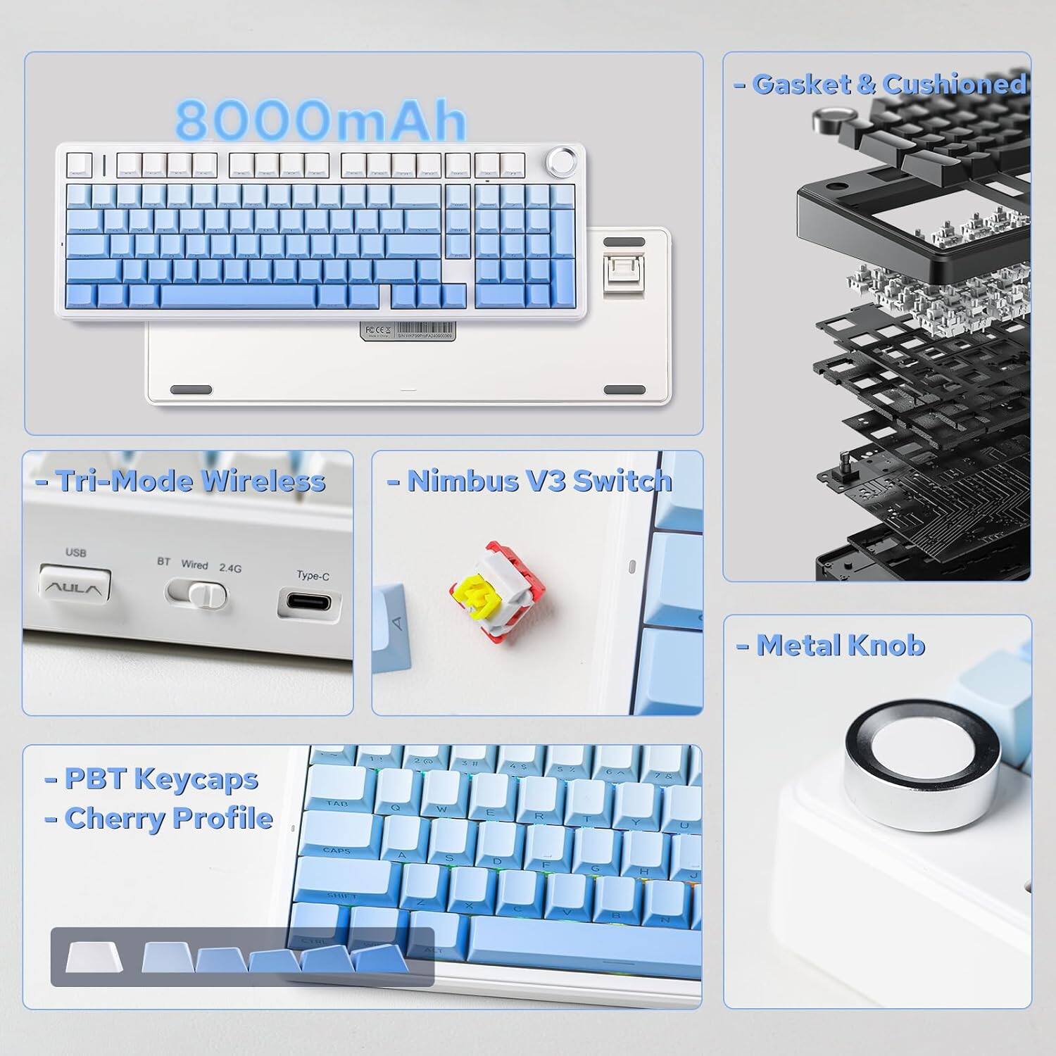 8000mAh Gasket & Cushioned CE Tri-Mode Wireless - Nimbus V3 Switch USB AULA BT Wired 2.4G Type-C - Metal Knob - PBT Keycaps - Cherry Profile - 28 Keycaps - W 2 5  D 2 1 + EO Y 1 - / 3  P