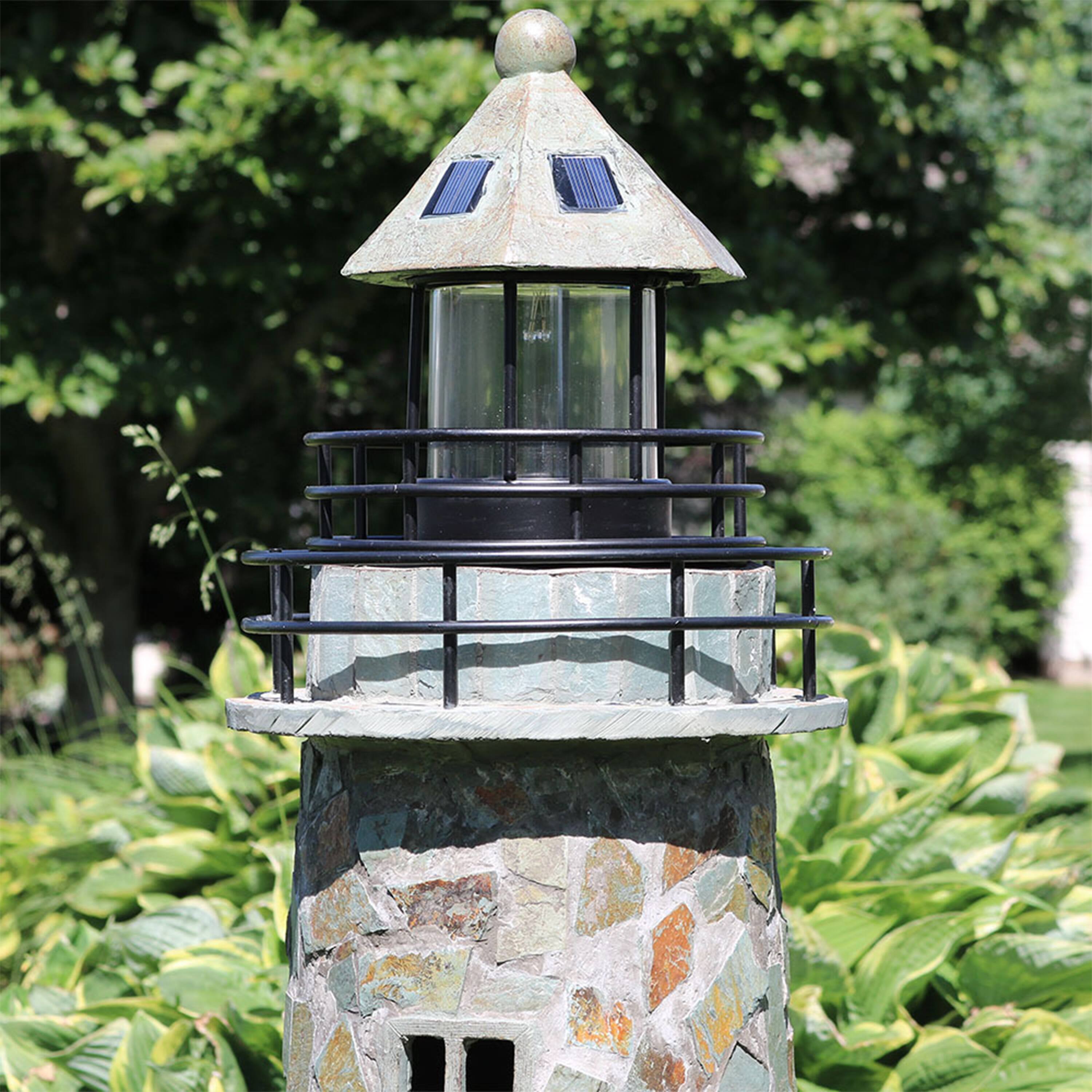 Alt View 5. Sunnydaze - 25 in Resin and Cobblestone Solar LED Lighthouse Nautical Statue - Grey.