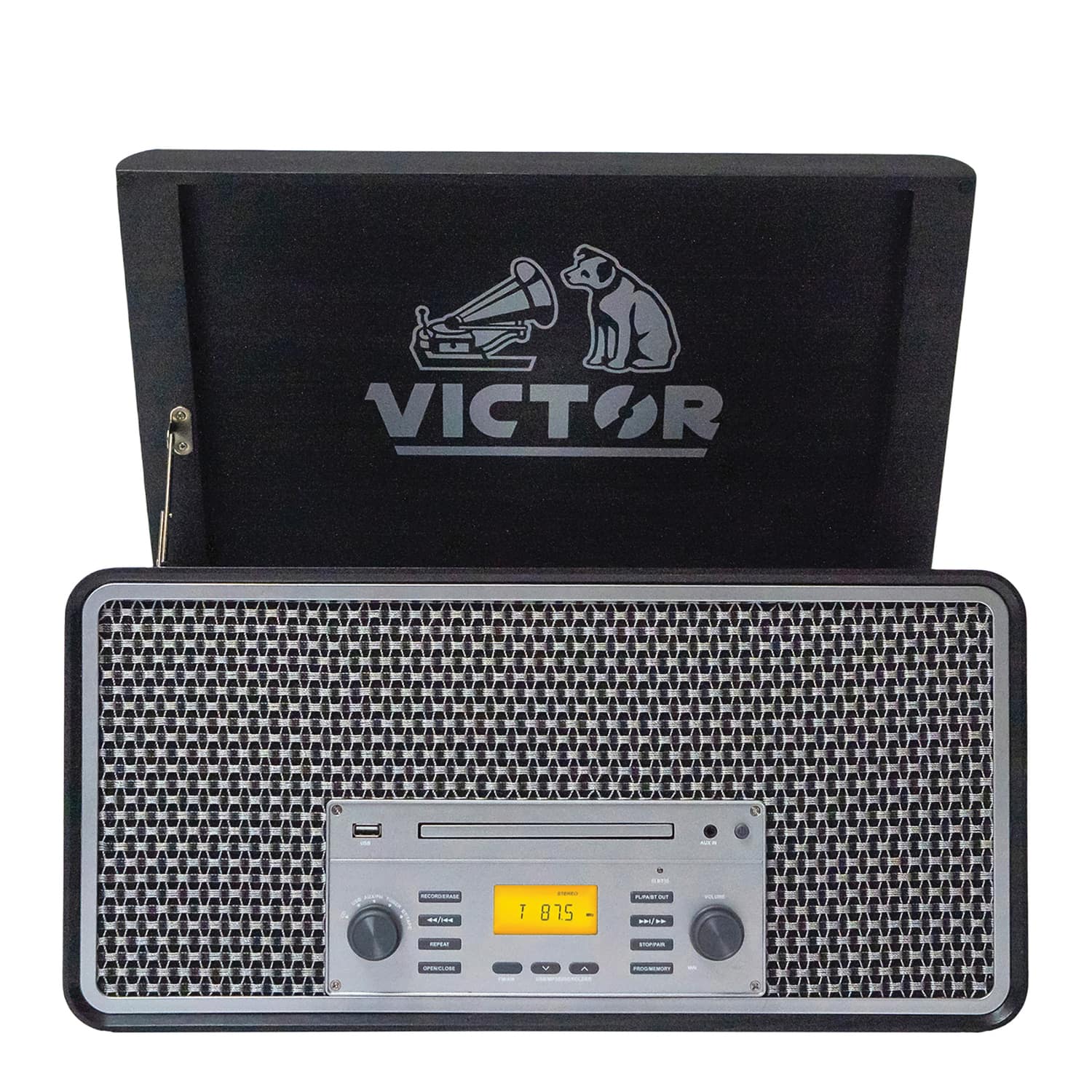 Victor - Monument Dual-bluetooth Belt-drive 8-in-1 Music Center With Turntable, Cd, And Cassette Player - Metallic