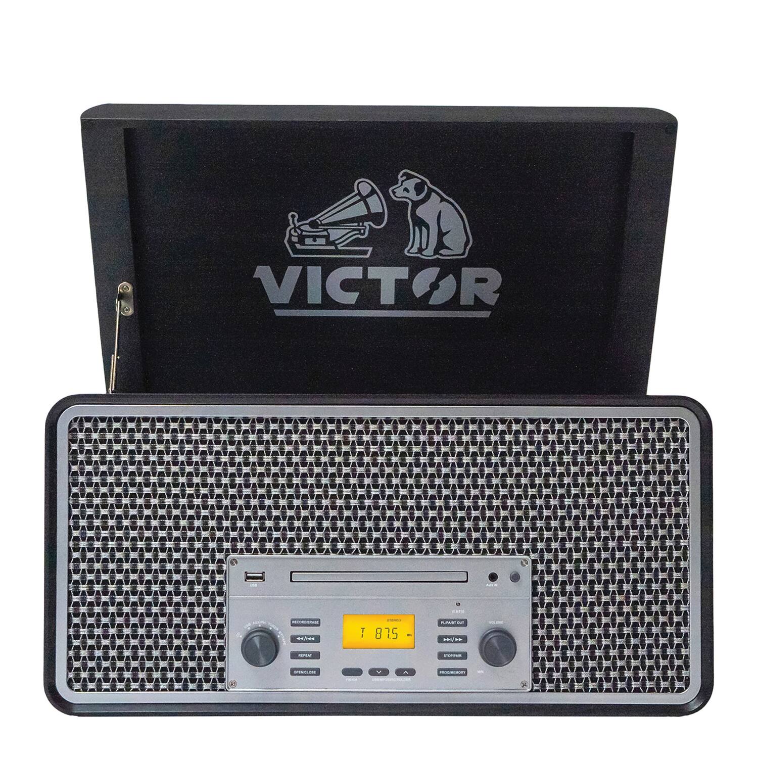 Victor - Monument Dual-bluetooth Belt-drive 8-in-1 Music Center With Turntable, Cd, And Cassette Player - Metallic