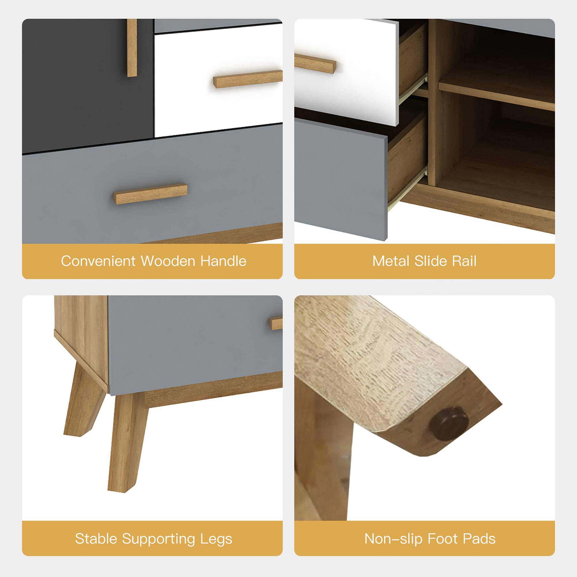 Convenient Wooden Handle  
Metal Slide Rail  
Stable Supporting Legs  
Non-slip Foot Pads