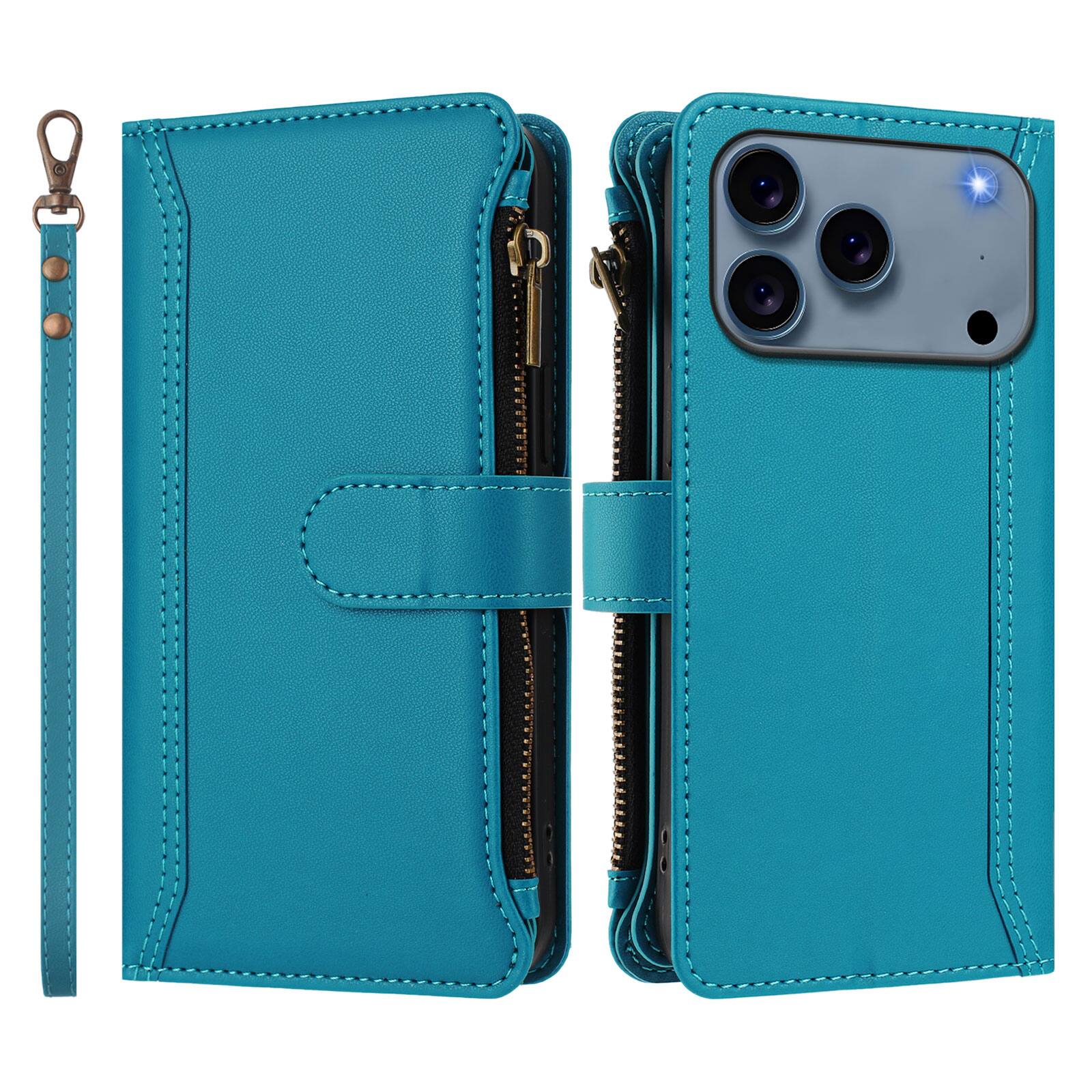 Angle. UUCOVER - Wallet Case for Apple iPhone 17 Pro Max with Zipper Pocket, Cash Card Slots, Wrist and Shoulder Strap, Flip Stand Cover - Blue.