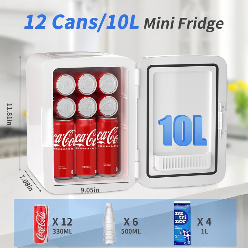 12 Cans/10L Mini Fridge

11.81in x 7.08in x 9.05in

10L

Coca-Cola x 12 (330ML)
500ML x 6
nu tri nor x 4 (1L)