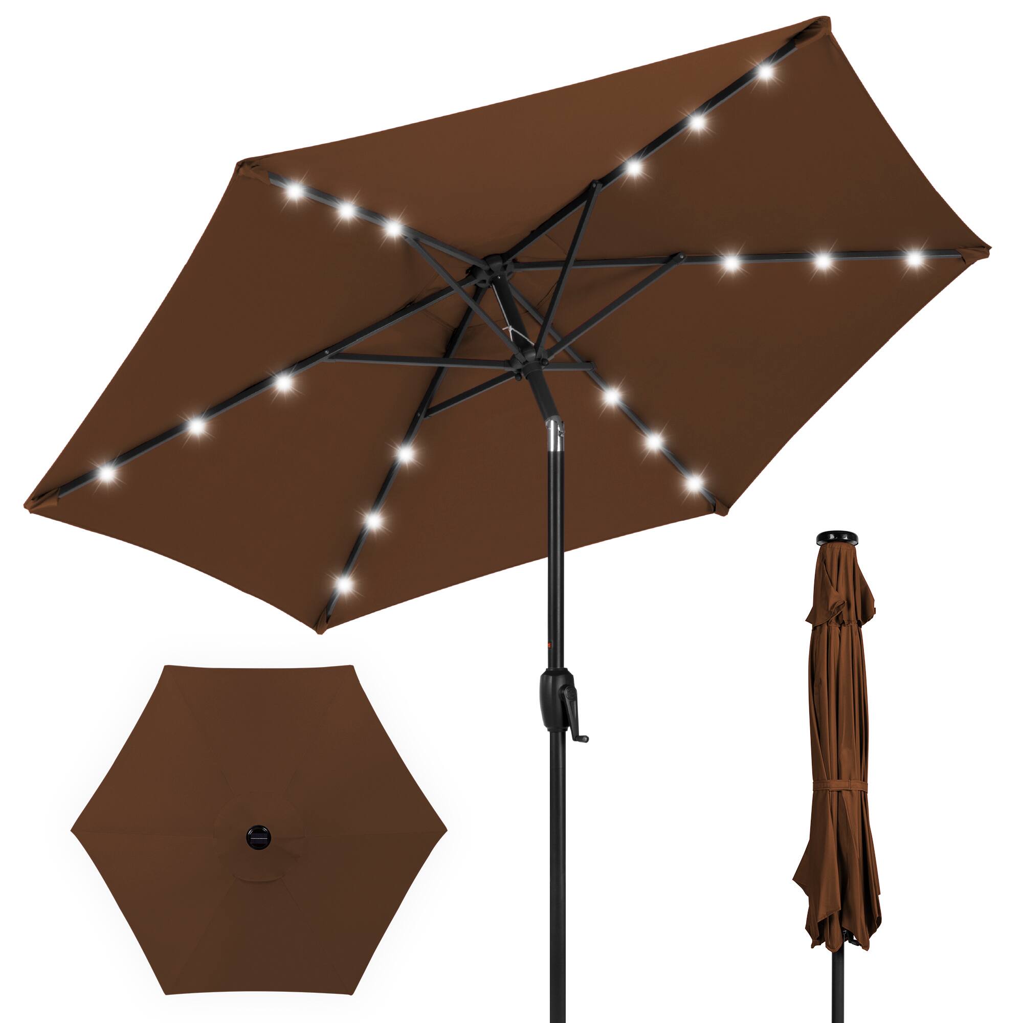 Best Choice Products - 7.5ft Outdoor Solar Patio Umbrella for Deck, Pool w/ Tilt, Crank, LED Lights - Brown
