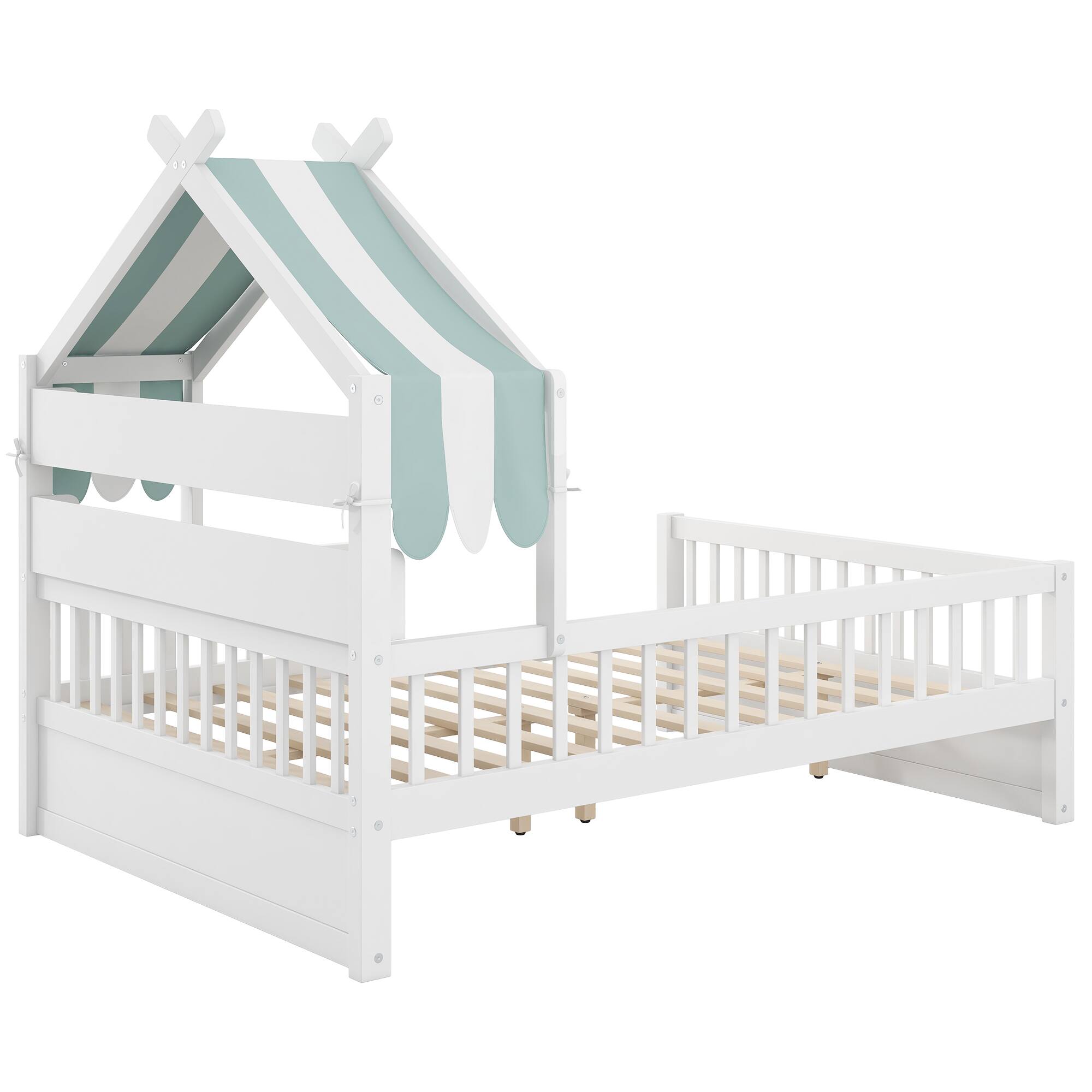 Alt View 1. Whisen - Wooden House Platform Bed with Storage Headboard Shelf and Fabric Canopy - White.