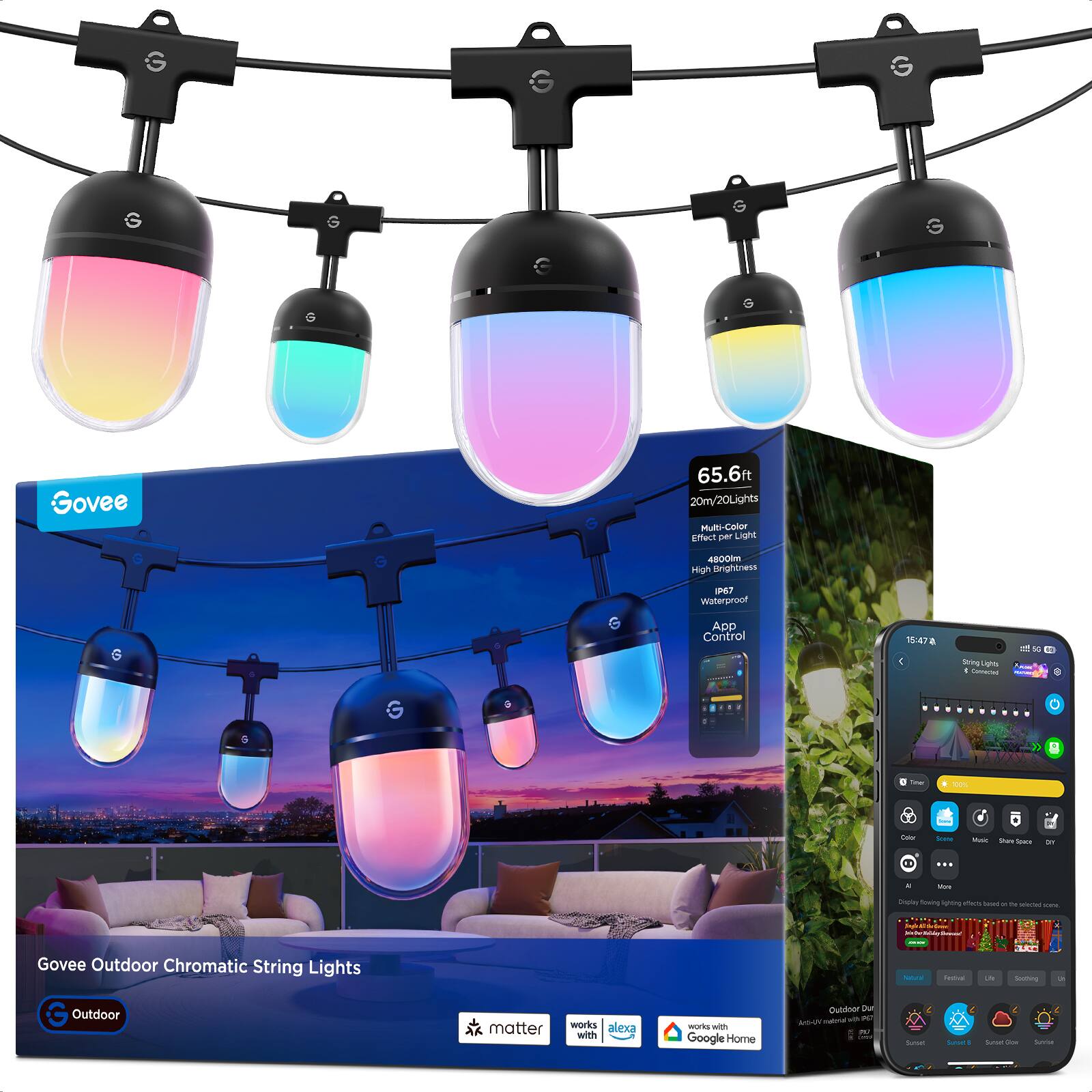 Govee 65.6ft 20m/20Lights Multi-Color Effect - Light 4900lm High Brightness IP67 Waterproof SADD Control 15-47 a 1 Coena - S - U : NS - - - - - - - - - Sp nowing Tuming - - -e - - - Govee Outdoor Chromatic String Lights | - I - AC - G Outdoor matter works alexa with works with Google Home Duidnor Y -a - - AMLUN -. - -