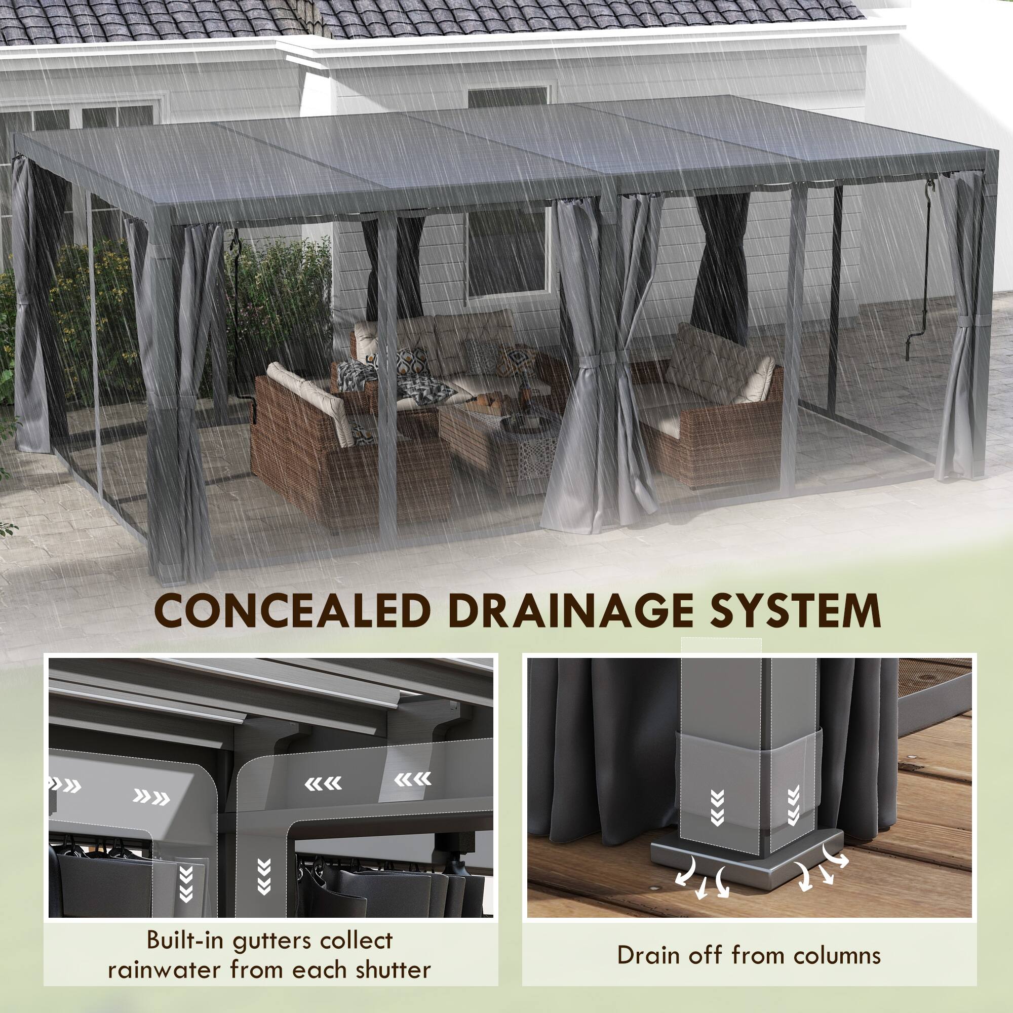 CONCEALED DRAINAGE SYSTEM

Built-in gutters collect rainwater from each shutter

Drain off from columns