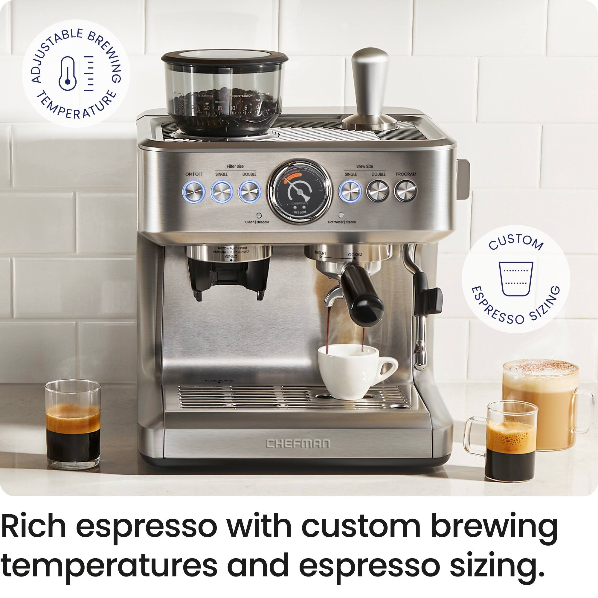 Rich espresso with custom brewing temperatures and espresso sizing.
