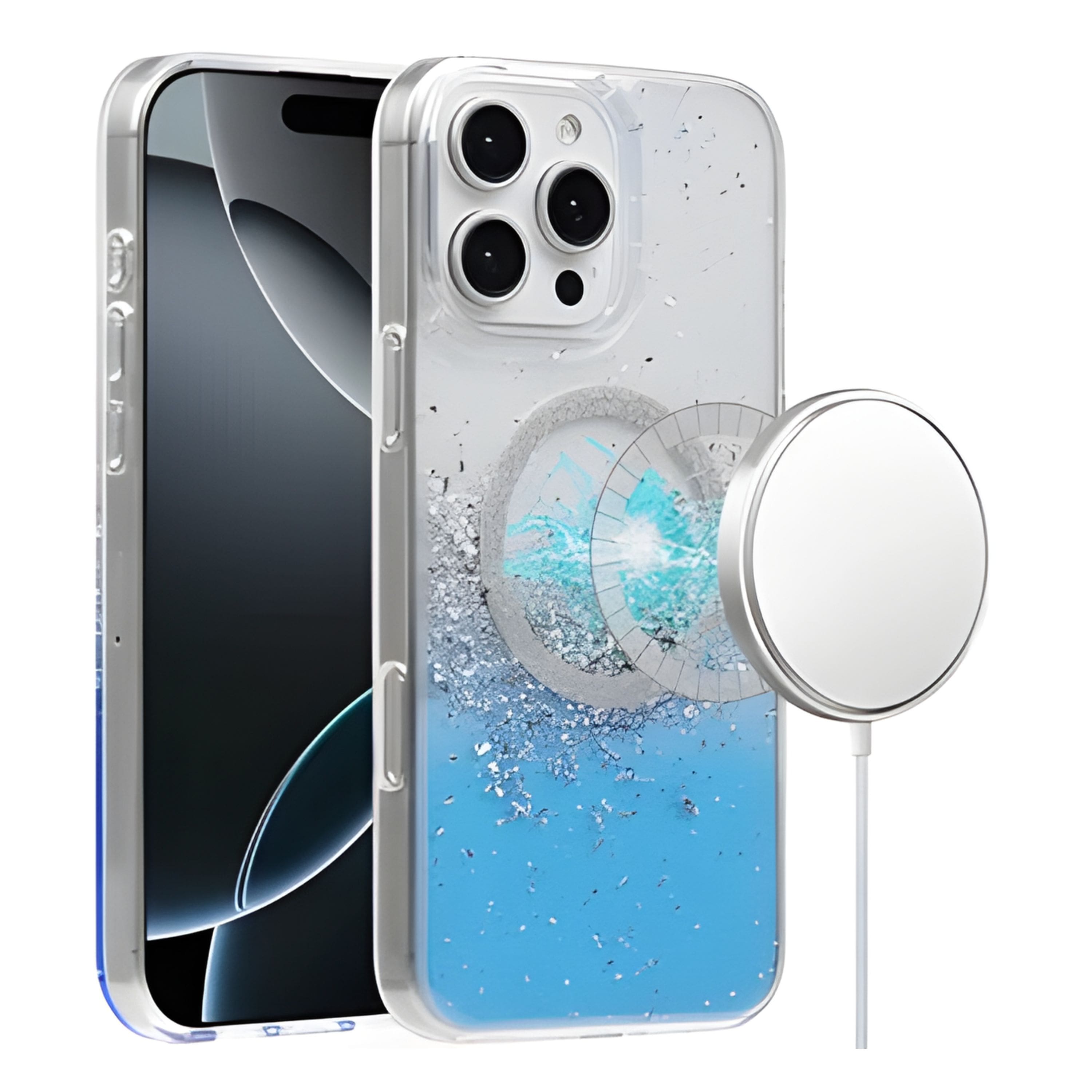 Kitcheniva - Fused Glitter Epoxy Magnetic Circle Phone Case With Tempered Glass For iPhone 16 Pro - Blue price history on PriceWatchPro