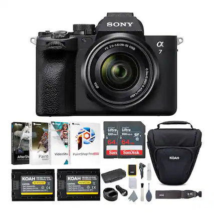 The image features a Sony camera with a 3.5-5.6/28-70 OSS lens, along with various accessories and items. These include a black pouch, a memory card, a battery, a charger, a strap, a lens cap, a cleaning cloth, and a manual. The camera is displayed in the center of the image, surrounded by these accessories and items.