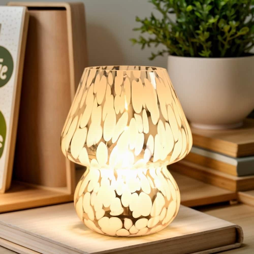 RTMB - Glass Mushroom Lamp, Small LED Desk Lamp, Cordless Bedside Nightstand Light
