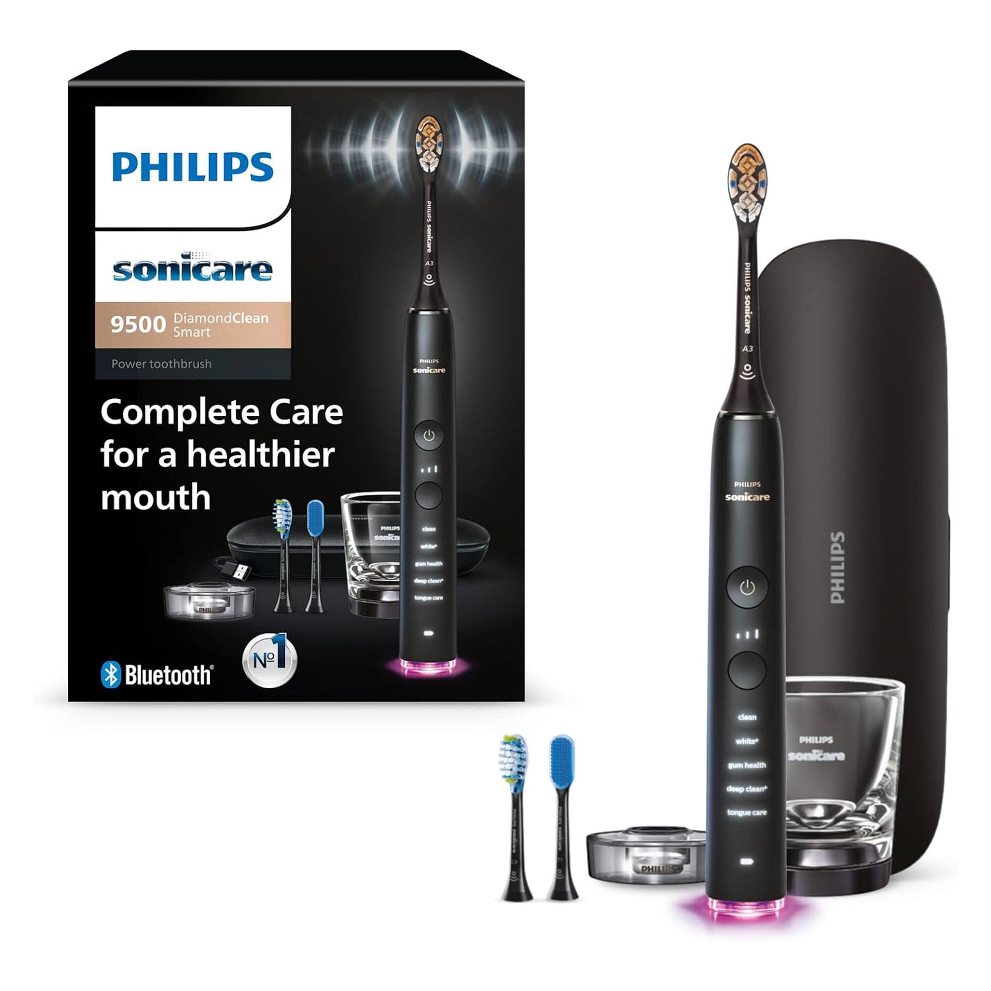 PHILIPS sonicare  
9500 DiamondClean Smart  
Power toothbrush  

Complete Care for a healthier mouth  

Bluetooth  

clean  
whitening  
gum health  
deep clean  
tongue care  

PHILIPS sonicare  
9500 DiamondClean Smart  
Power toothbrush  

Complete Care for a healthier mouth  

Bluetooth  

clean  
whitening  
gum health  
deep clean  
tongue care