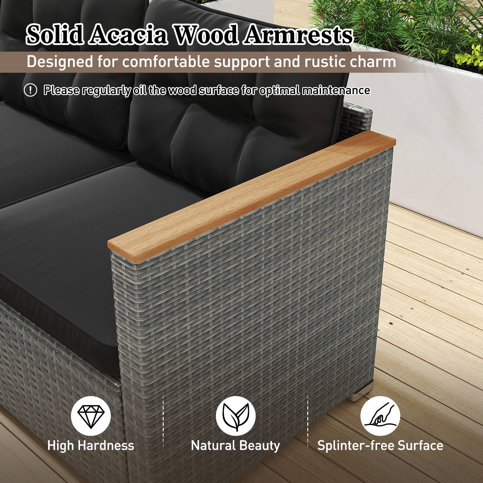 Solid Acacia Wood Armrests  
Designed for comfortable support and rustic charm  

Please regularly oil the wood surface for optimal maintenance  

- High Hardness  
- Natural Beauty  
- Splinter-free Surface