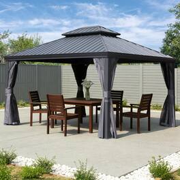 Mondawe - 11x13FT Outdoor Gazebo,Galvanized Steel Double Roof,Curtains and Netting Included - Dark Gray