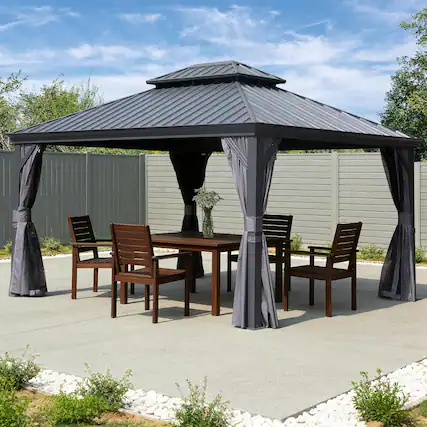 Front. Mondawe - 11x13FT Outdoor Gazebo,Galvanized Steel Double Roof,Curtains and Netting Included - Dark Gray.