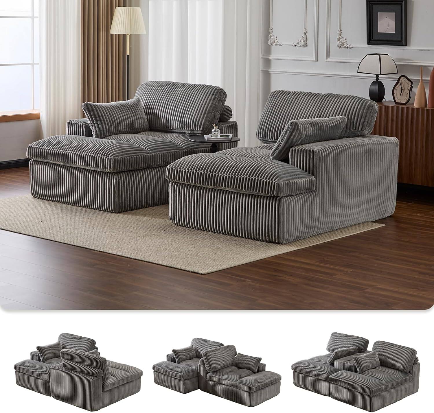 Alt View 2. Trinkets Crazed - Modular Loveseat Double Chaise Lounge Sofa Corduroy Sectional Sofa Boneless Couch - gray.