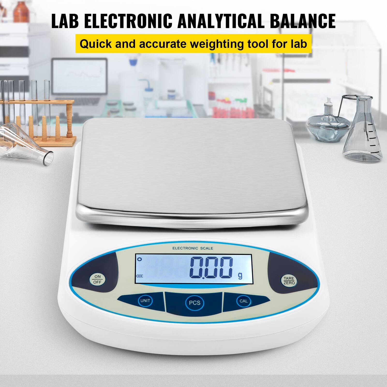LAB ELECTRONIC ANALYTICAL BALANCE  
Quick and accurate weighting tool for lab  

ELECTRONIC SCALE  
0.00 g  

ON OFF  
TARE ZERO  
UNIT  
PCS  
CAL