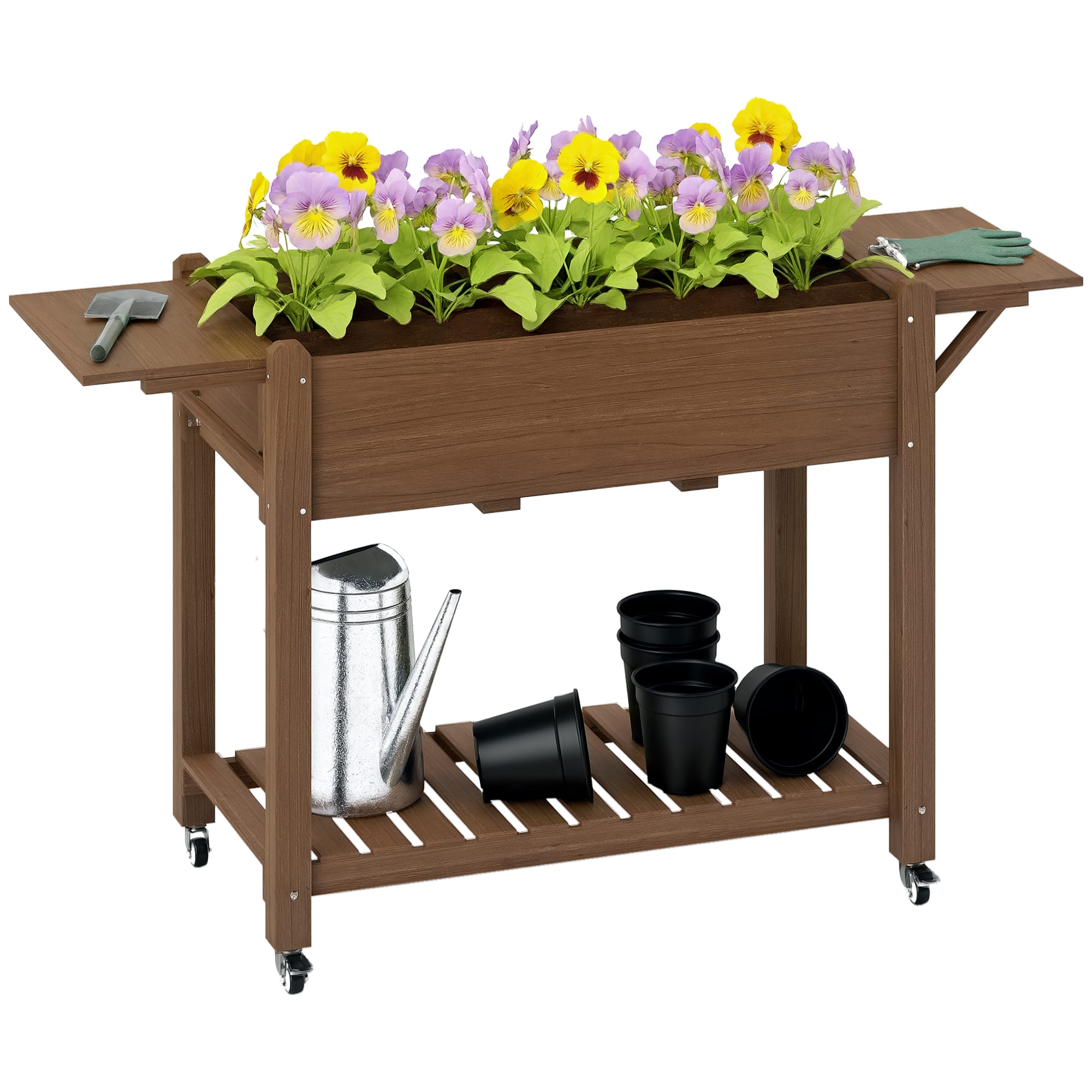Outsunny - Raised Garden Bed, 57 x 20.5 x 34 in Wood Elevated Planter Box with Lockable Wheels, Side Tables and Bottom Shelf - Carbonized