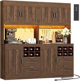 Aheaplus - 72'' Tall Pantry Cabinet with 2 Drawers & Grid Wine Rack, Storage Cabinet with Power Outlets & LED Lights, 2 Piece Set - Retro Brown