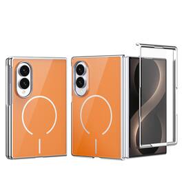 Dteck - Magnetic Case for Samsung Galaxy Z Fold 8, Built-in Screen Protector, Glass Back Slim Fit Shockproof Rugged Cover - Orange