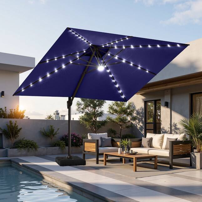 Alt View 6. Crestlive Products - Crestlive Products 11ft Square Aluminum Slide-tilt Cantilever Patio Umbrella with Light with 350lbs Wheeled Base - Navy blue.