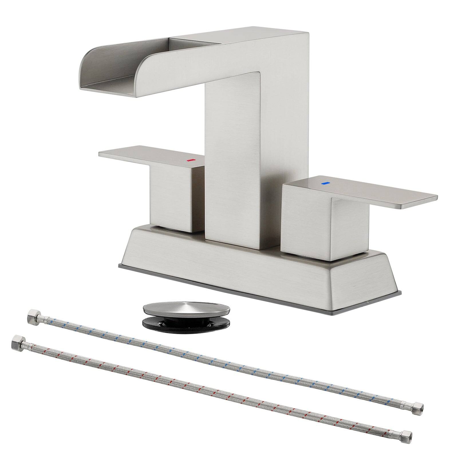 Brushed 4 Inch Centerset Faucet SUS304 Waterfall Spout 1.2GPM Dual Handle Pop Up Drain price history on PriceWatchPro