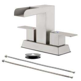 Brushed 4 Inch Centerset Faucet SUS304 Waterfall Spout 1.2GPM Dual Handle Pop Up Drain