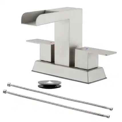 Front. Boyel Living - Brushed 4 Inch Centerset Faucet SUS304 Waterfall Spout 1.2GPM Dual Handle Pop Up Drain - Brushed Nickel.