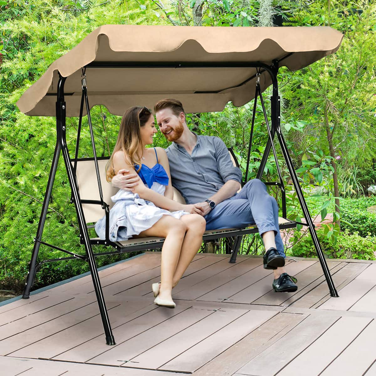 Gymax - Outdoor Swing Canopy Patio Swing Chair 3 Person Canopy Hammock - Brown