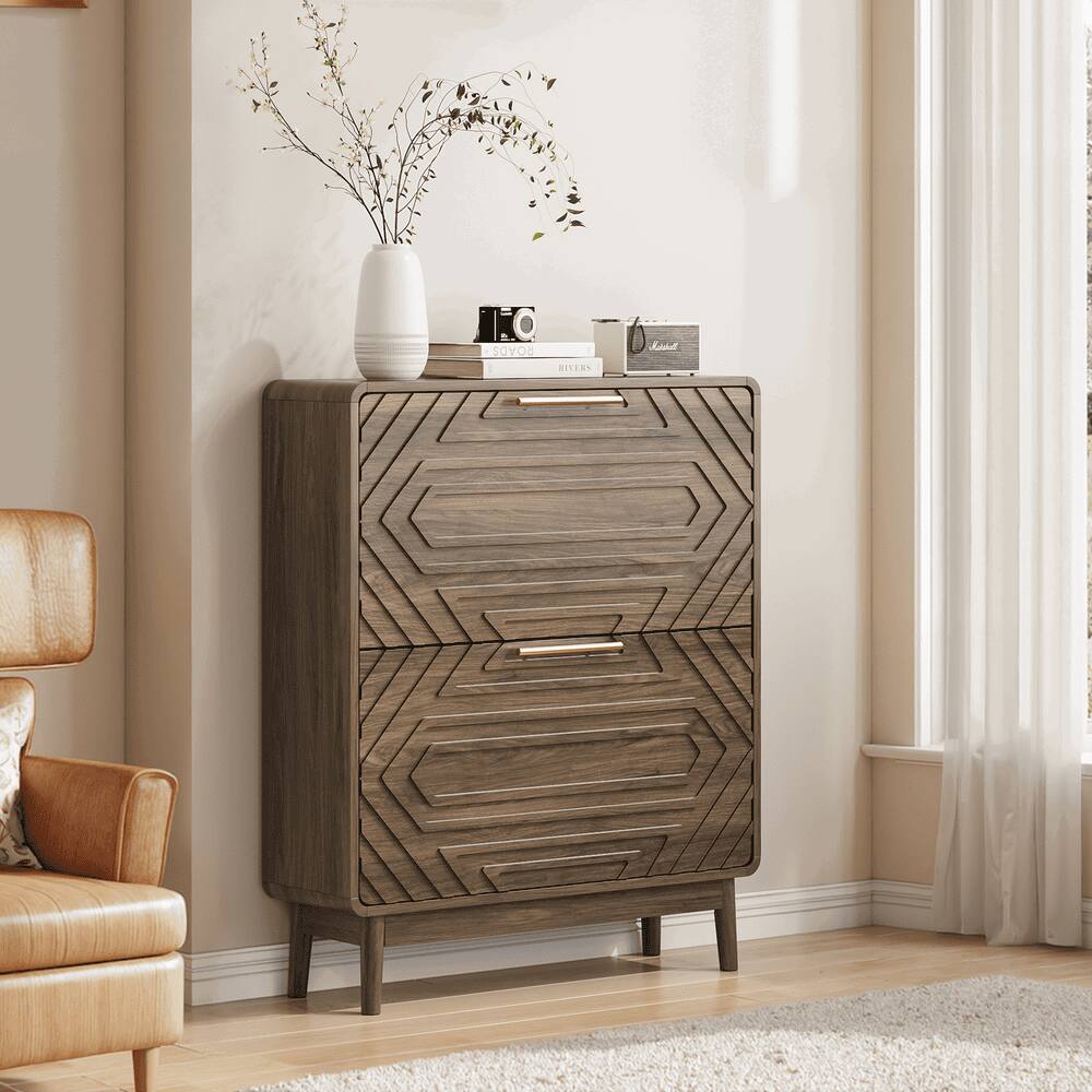 Alt View 4. Kadyn - 31.5" Walnut Shoe Cabinet, Mid-Century Modern Freestanding Shoe Cabinet, Freestanding Organizer with 2 Flip-Top Drawers - Brown.