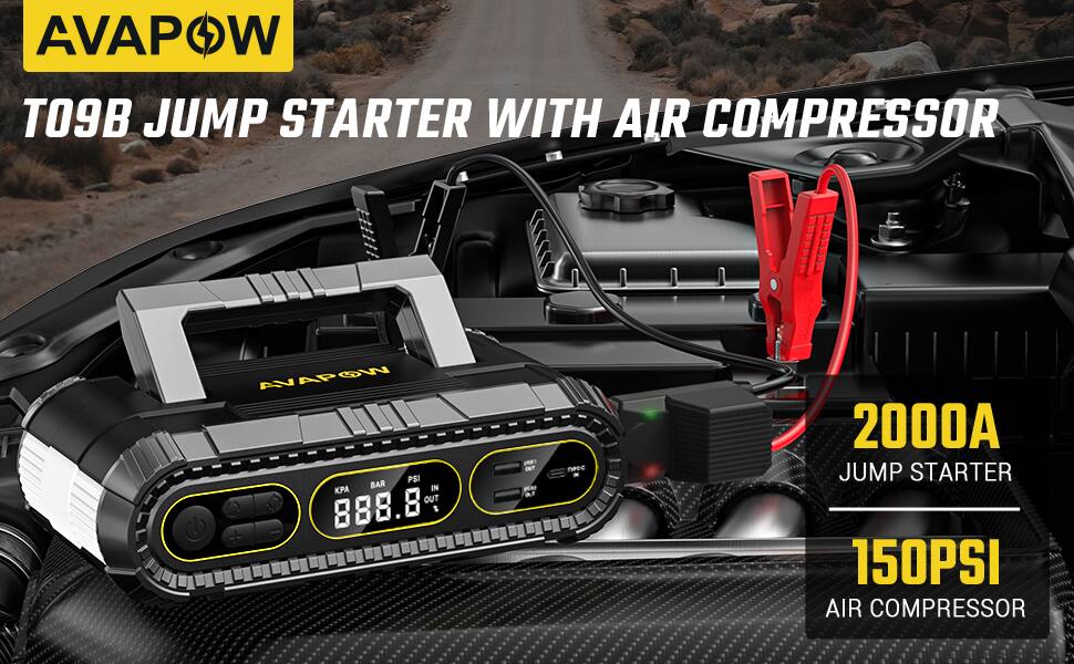 AVAPOW T09B JUMP STARTER WITH AIR COMPRESSOR  
AVAPOW PSI BAR IN KPA OUT 888.8  
$1.4  
2000A JUMP STARTER  
150PSI AIR COMPRESSOR