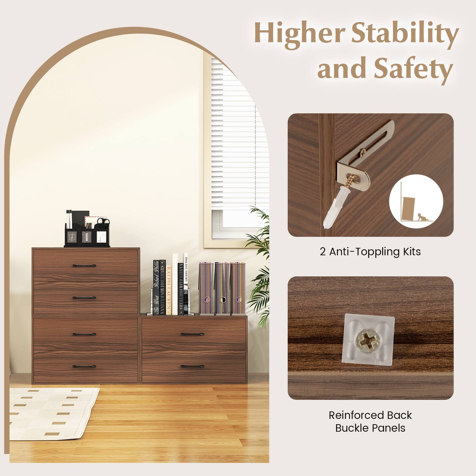 Higher Stability and Safety

2 Anti-Topping Kits

Reinforced Back Buckle Panels