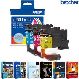 Brother - LC501XL3PKS Genuine 3-Pack High Yield Color Ink Cartridges C/M/Y + Printer Softwares