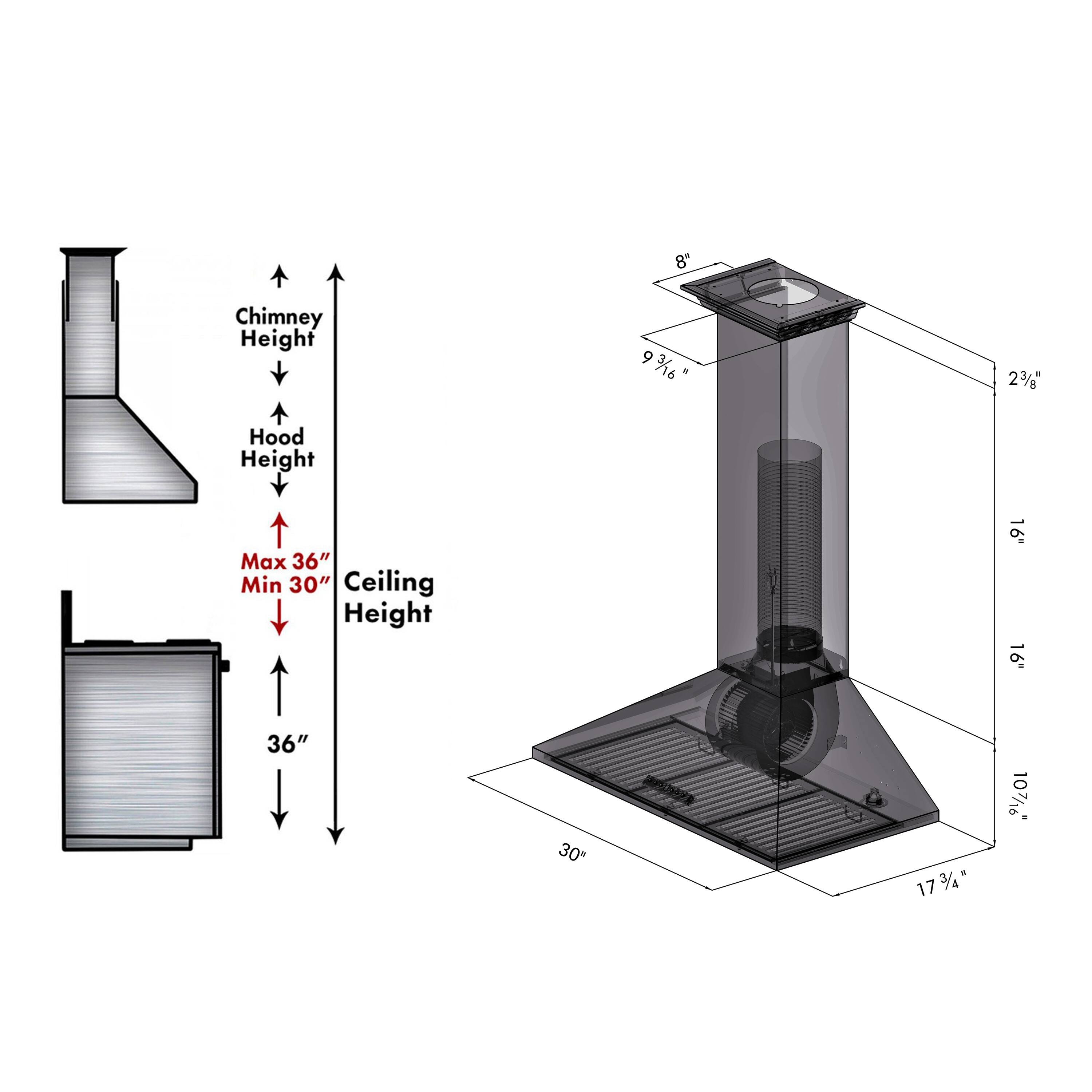 Chimney Height: 9 3/16"  
Hood Height: 23 3/8"  
Max Ceiling Height: 36"  
Min Ceiling Height: 30"  
Width: 17 3/8"  
Depth: 10 7/16"