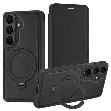 Front. Dteck - For Samsung Galaxy S26+ Shockproof Leather RFID Blocking Card Slots Full Protection Mag Safe Case RIng Kickstand - Black.