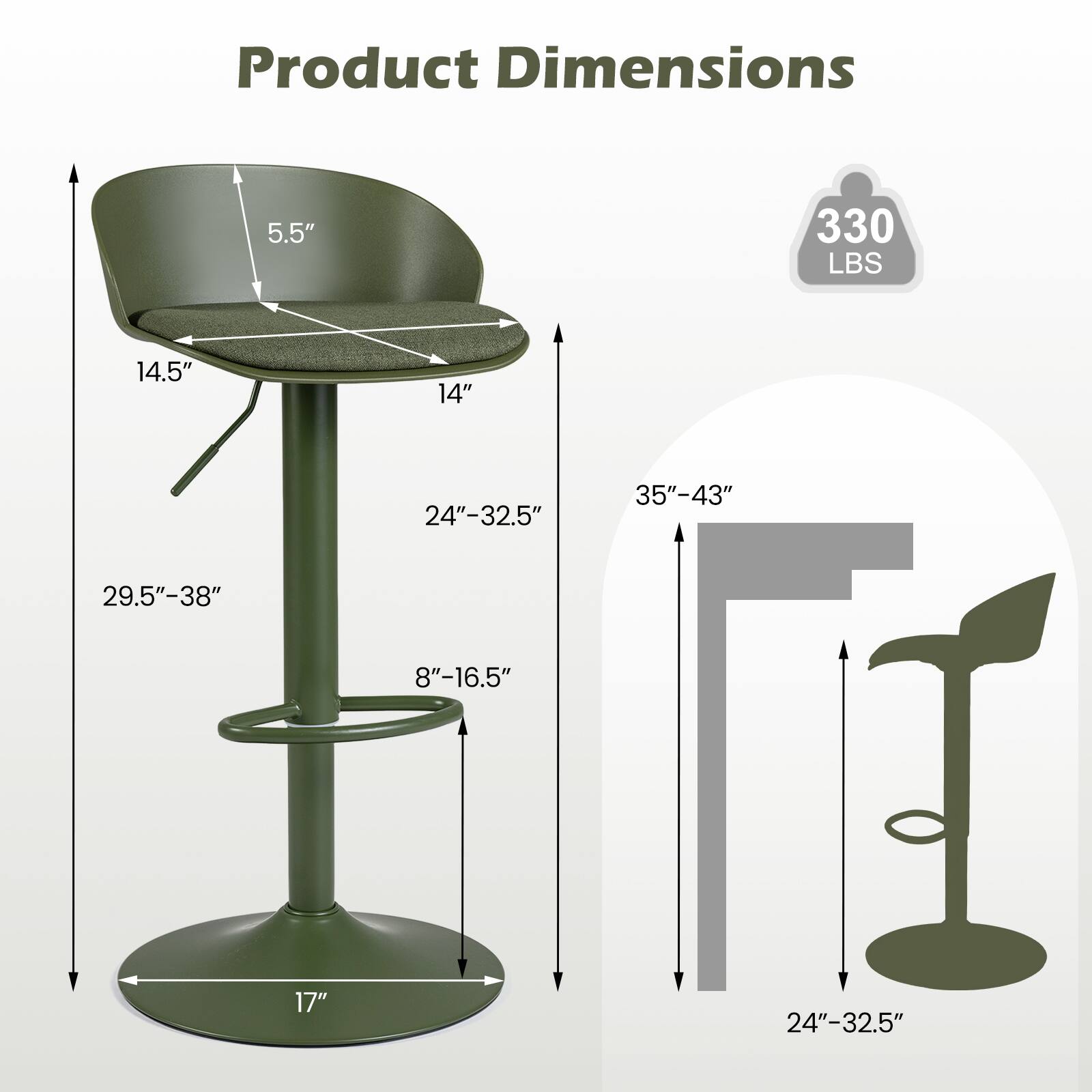 Product Dimensions
5.5"
330 LBS
14.5"
14"
24"-32.5"
35"-43"
29.5"-38"
8"-16.5"
17"
24"-32.5"