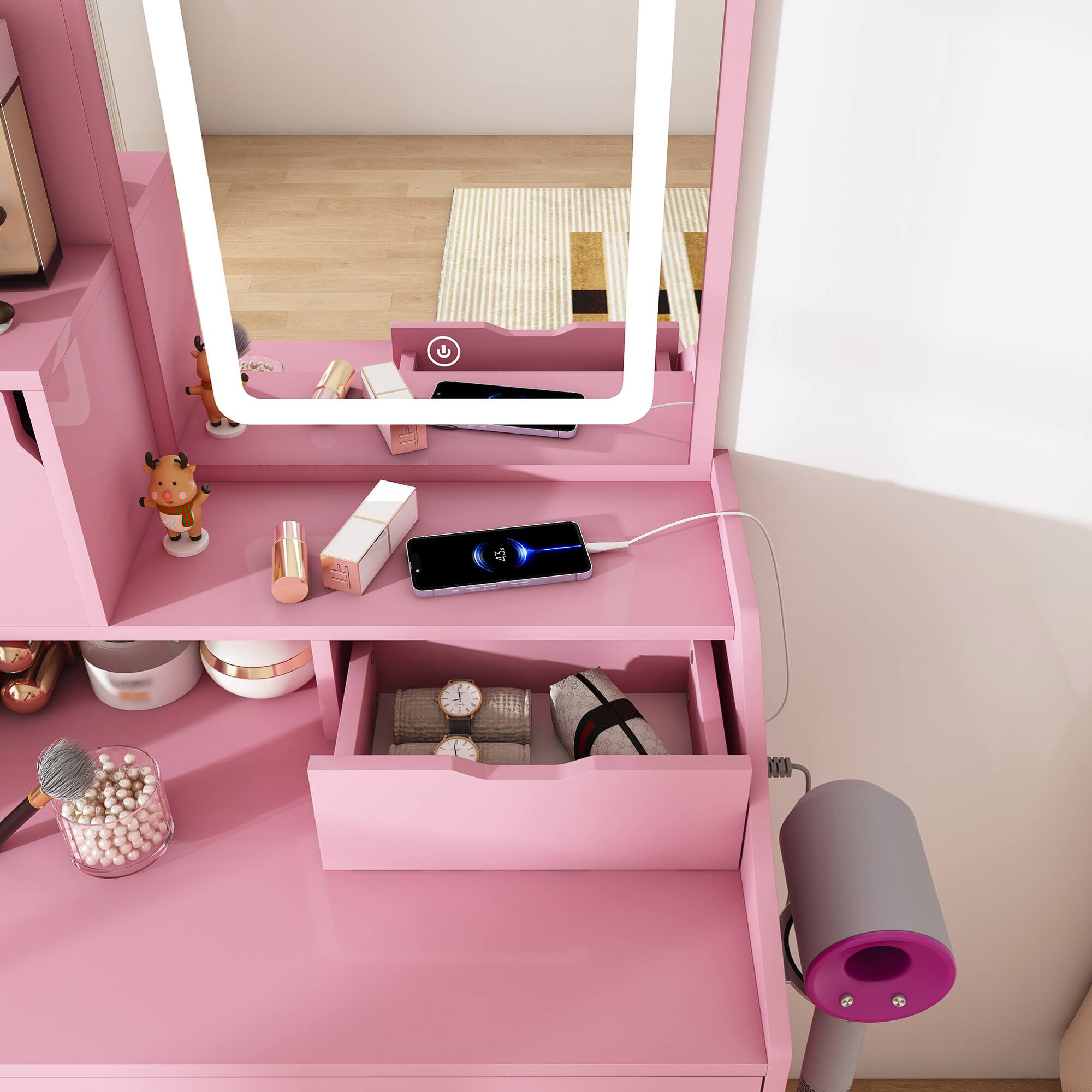 Angle. GOODSILO - Elegant Vanity Set with LED Mirror and Storage Stool - Compact Dressing Table for Bedroom Beauty Needs - Pink.