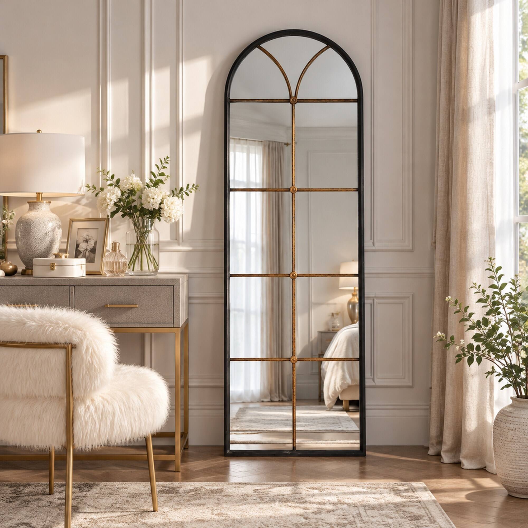 Alt View 2. RYHNUYNE - Arched Floor Mirror, 23.6 x 74.4 in, Black and Gold Windowpane Frame, Full Length Leaning Mirror for Bedroom - Black+Gold.