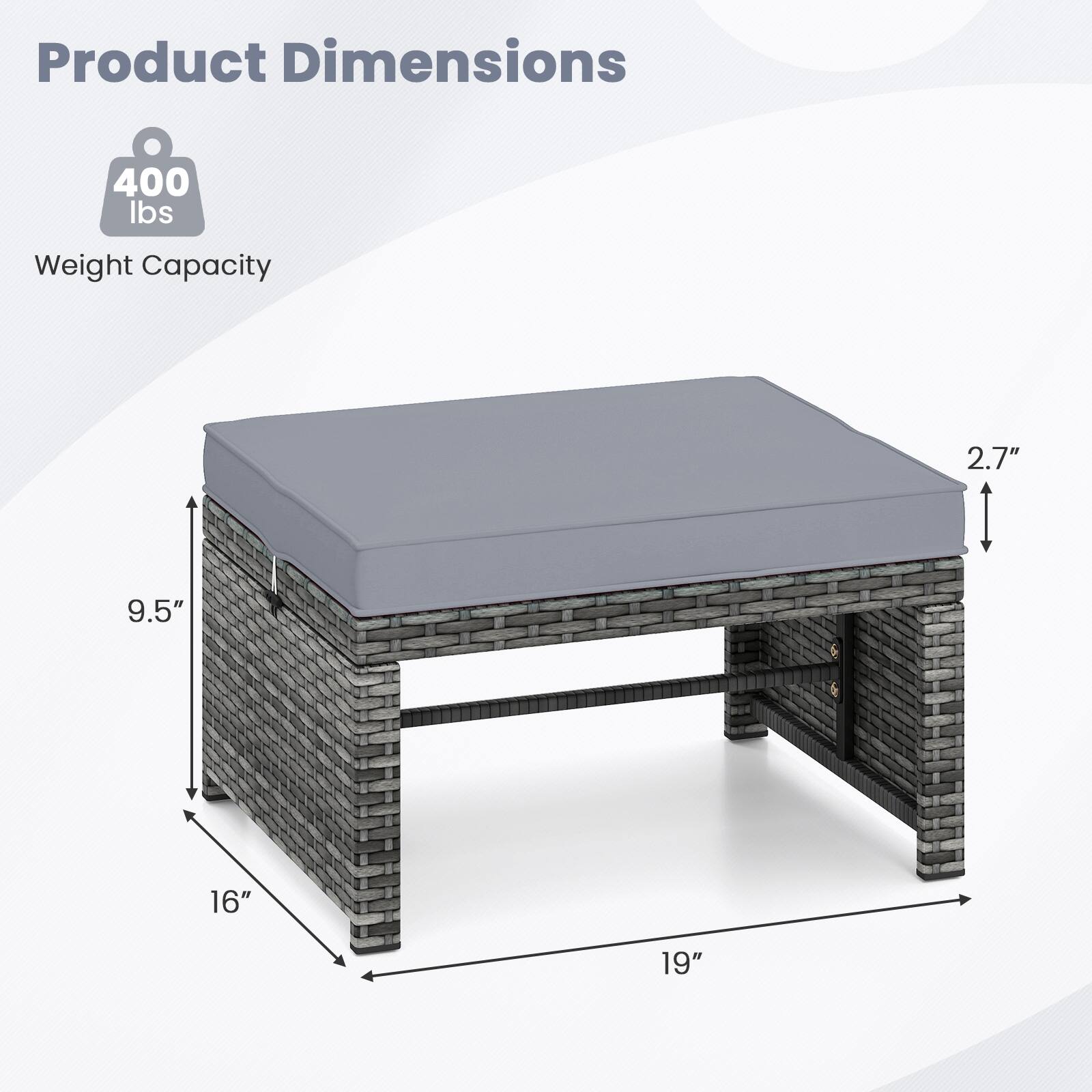 Product Dimensions

Weight Capacity: 400 lbs

Dimensions:
- Height: 2.7"
- Width: 19"
- Depth: 16"
- Height of table: 9.5"