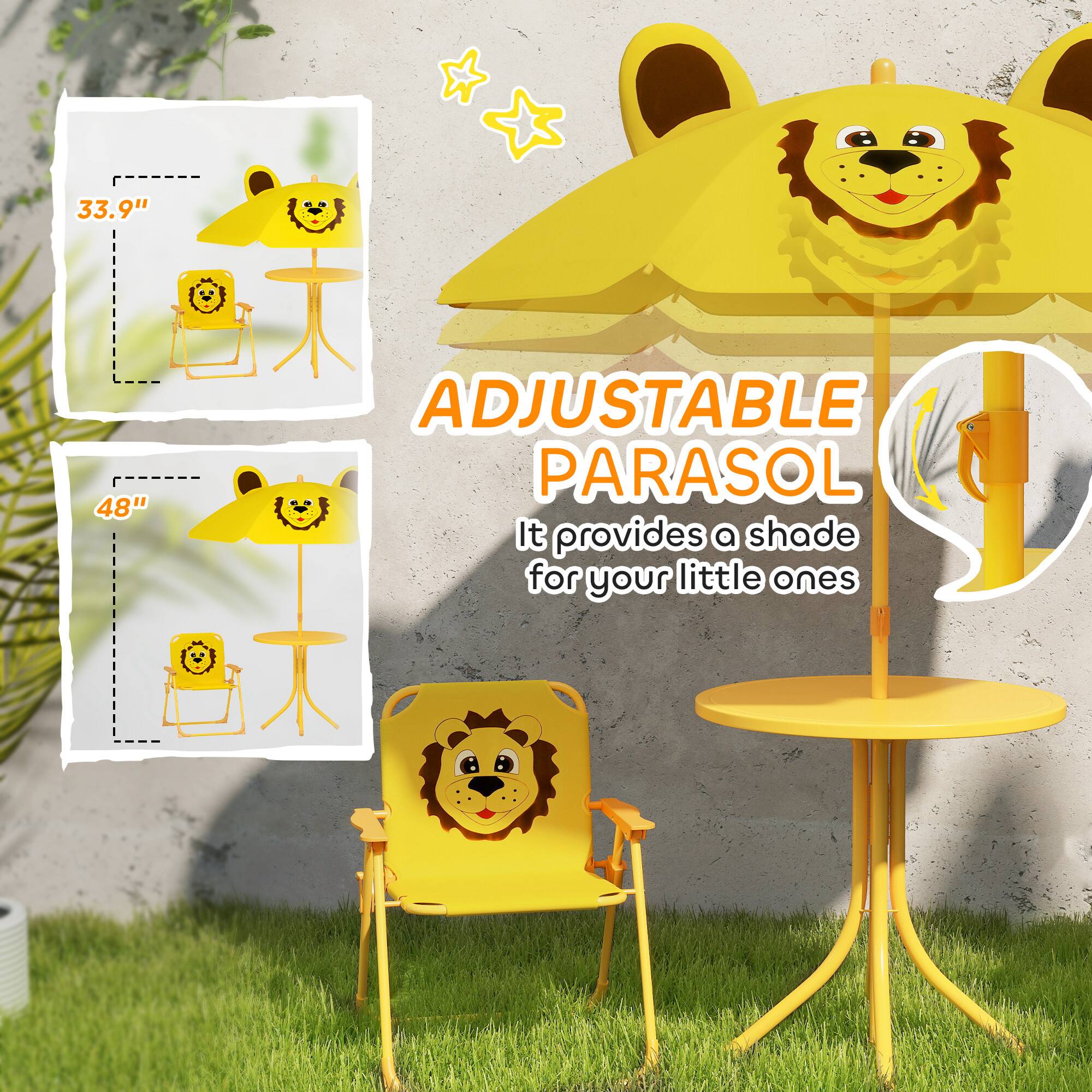 33.9"  
48"  

ADJUSTABLE PARASOL  
It provides a shade for your little ones