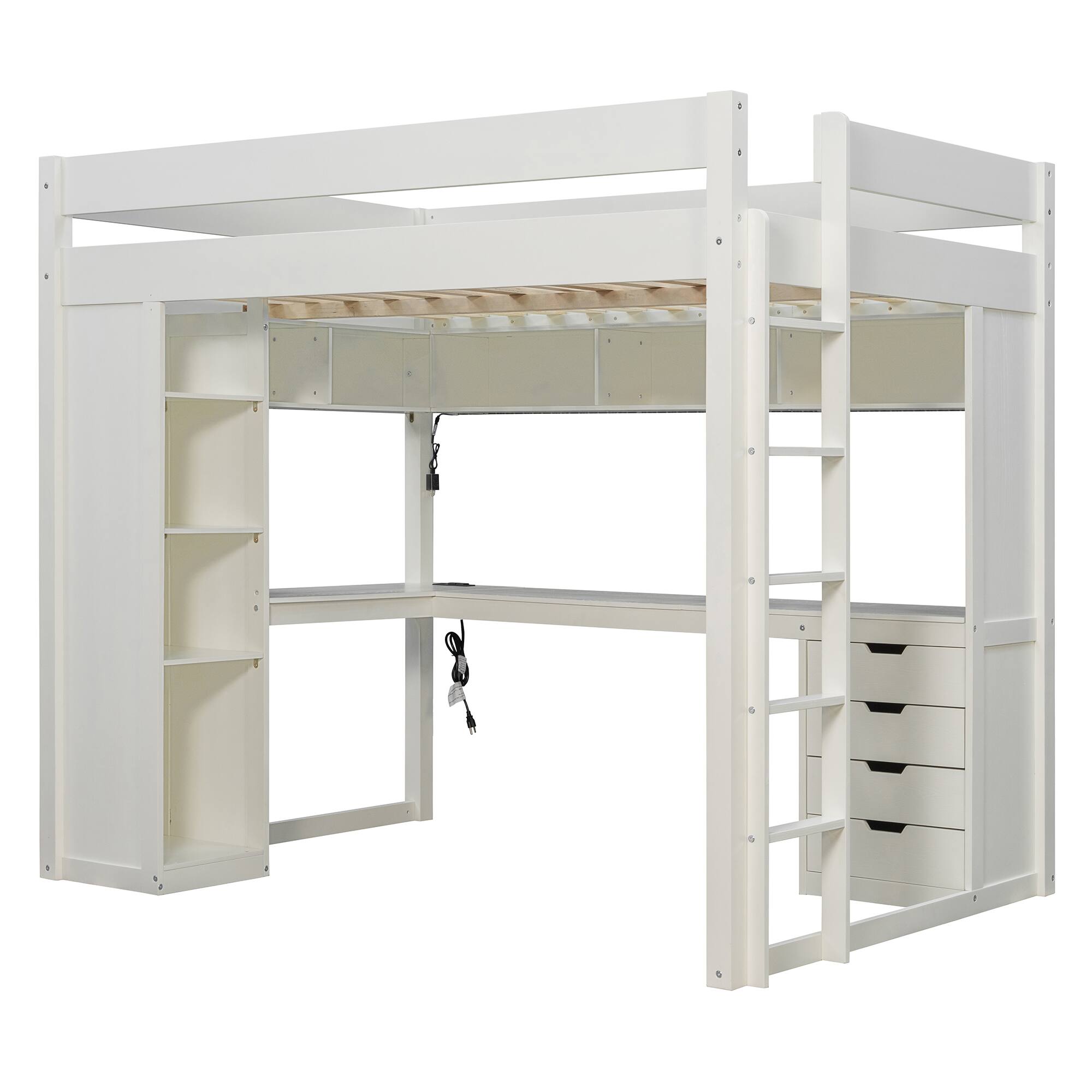 Alt View 3. Anysun - Full Solid Wood Loft Bed with L-Shaped Desk & 4 Drawers - App-Controlled LED Lights, USB Ports & 4-Tier Shelves - White.