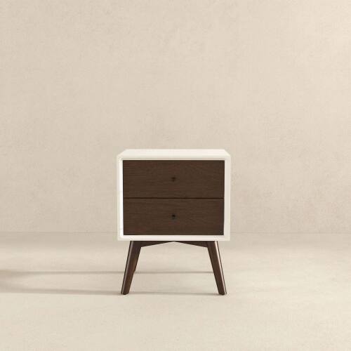 Alt View 4. LUCKY ONE - 23.6" Assembled Mid Century Nightstand 2-Drawer Solid Wood Bedside Table - Dark Brown,White.