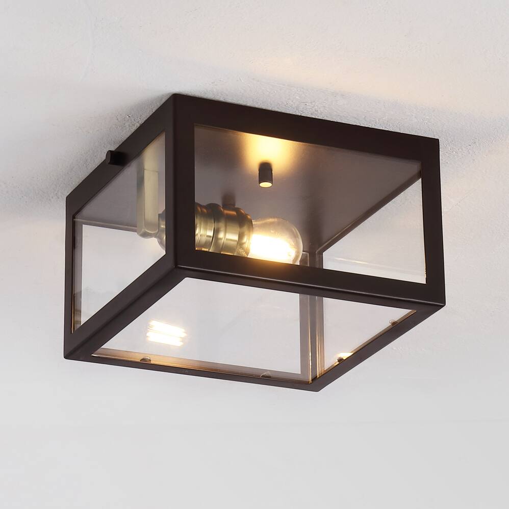 Alt View 1. Jonathan Y - Grayson 8" 1-Light Farmhouse Industrial Square Iron/Glass Case LED Flush Mount, Oil Rubbed Bronze/Brass Gold - Oil Rubbed Bronze/Brass Gold.