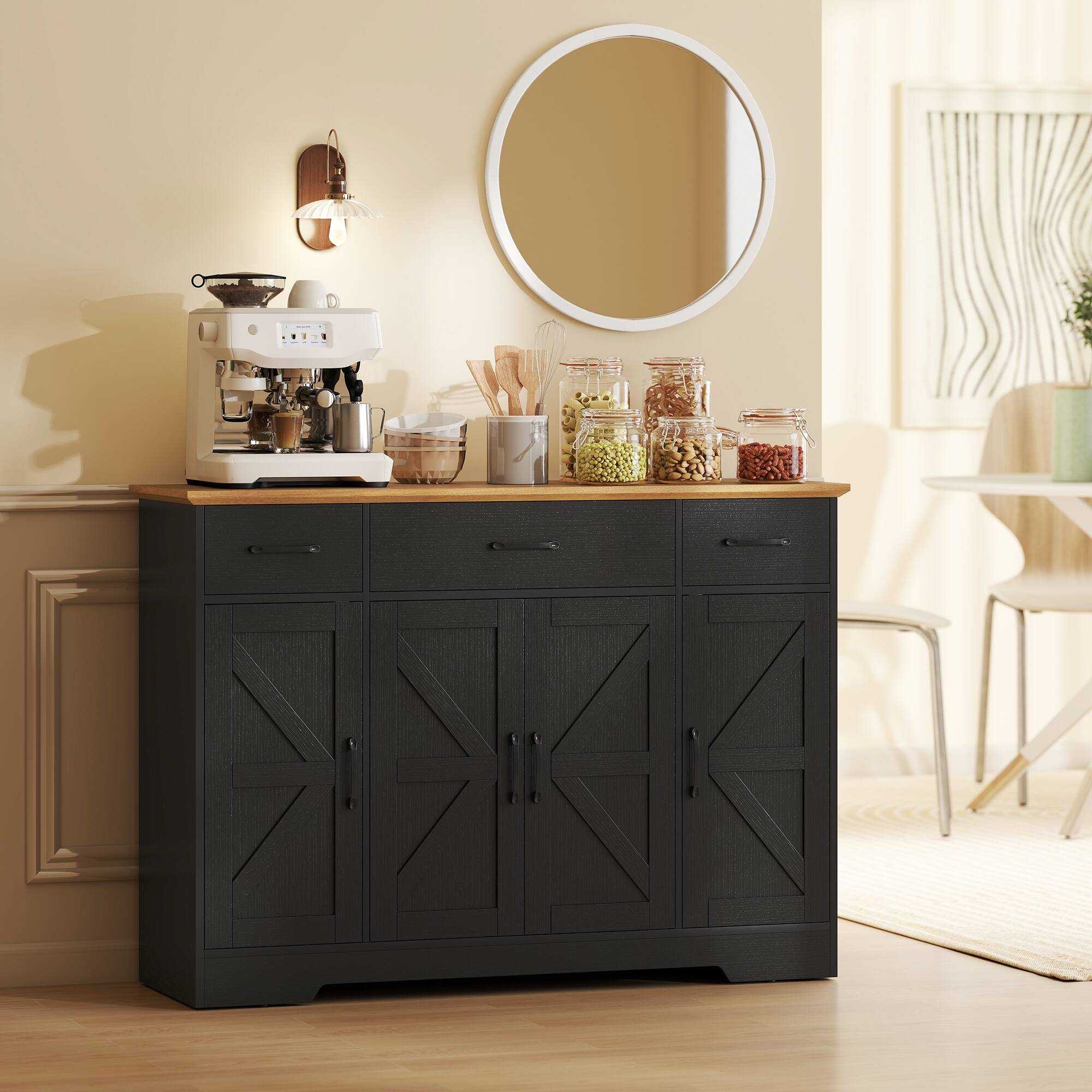 Alt View 1. Homcom - Buffet Cabinet with Soft-Close Hinges, Farmhouse Sideboard with 3 Drawers - Black.