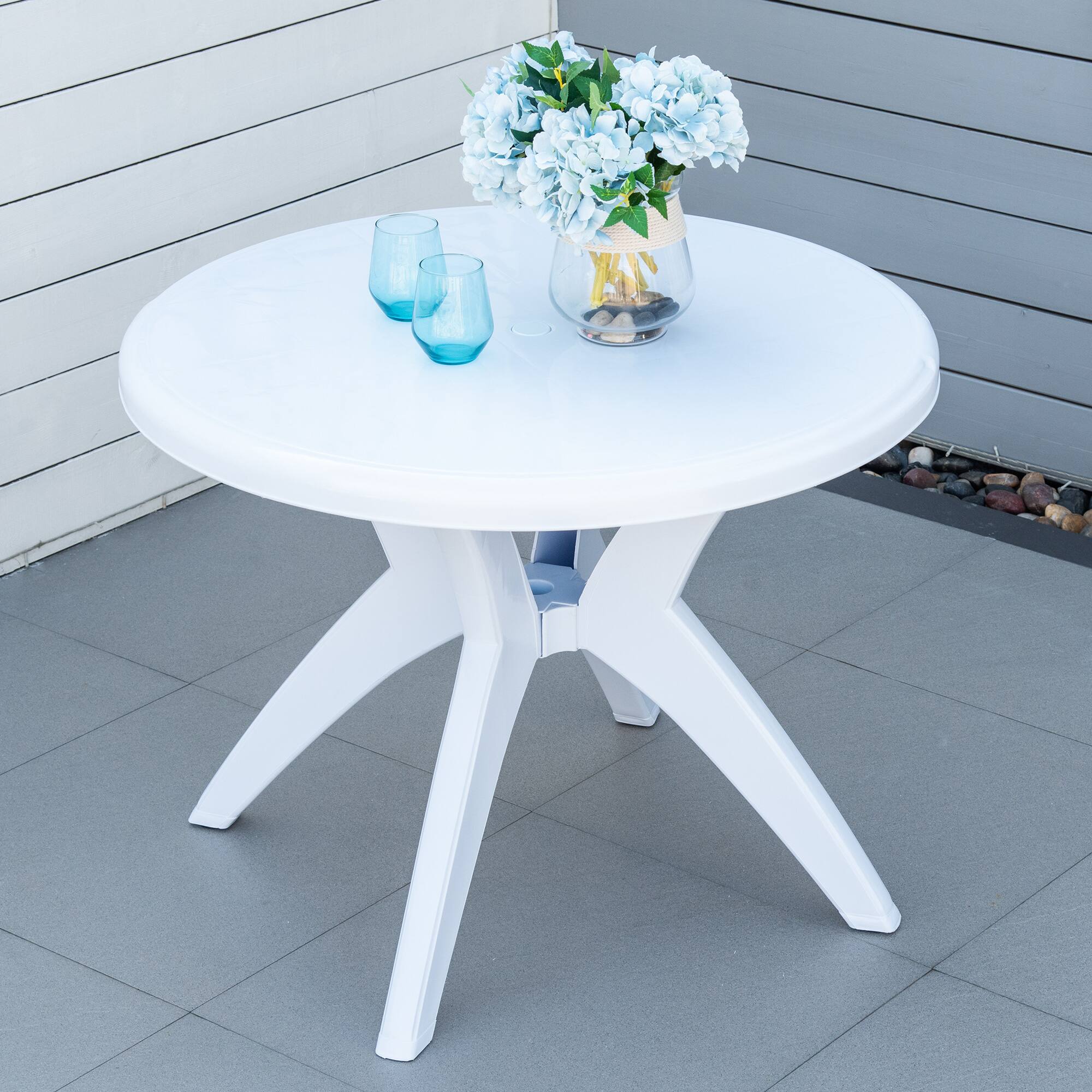 Alt View 1. Outsunny - 36.25" Dia Round Plastic Patio Table with Umbrella Hole, Outdoor Bistro Dining Table, for Bar, Garden, Backyard - White.
