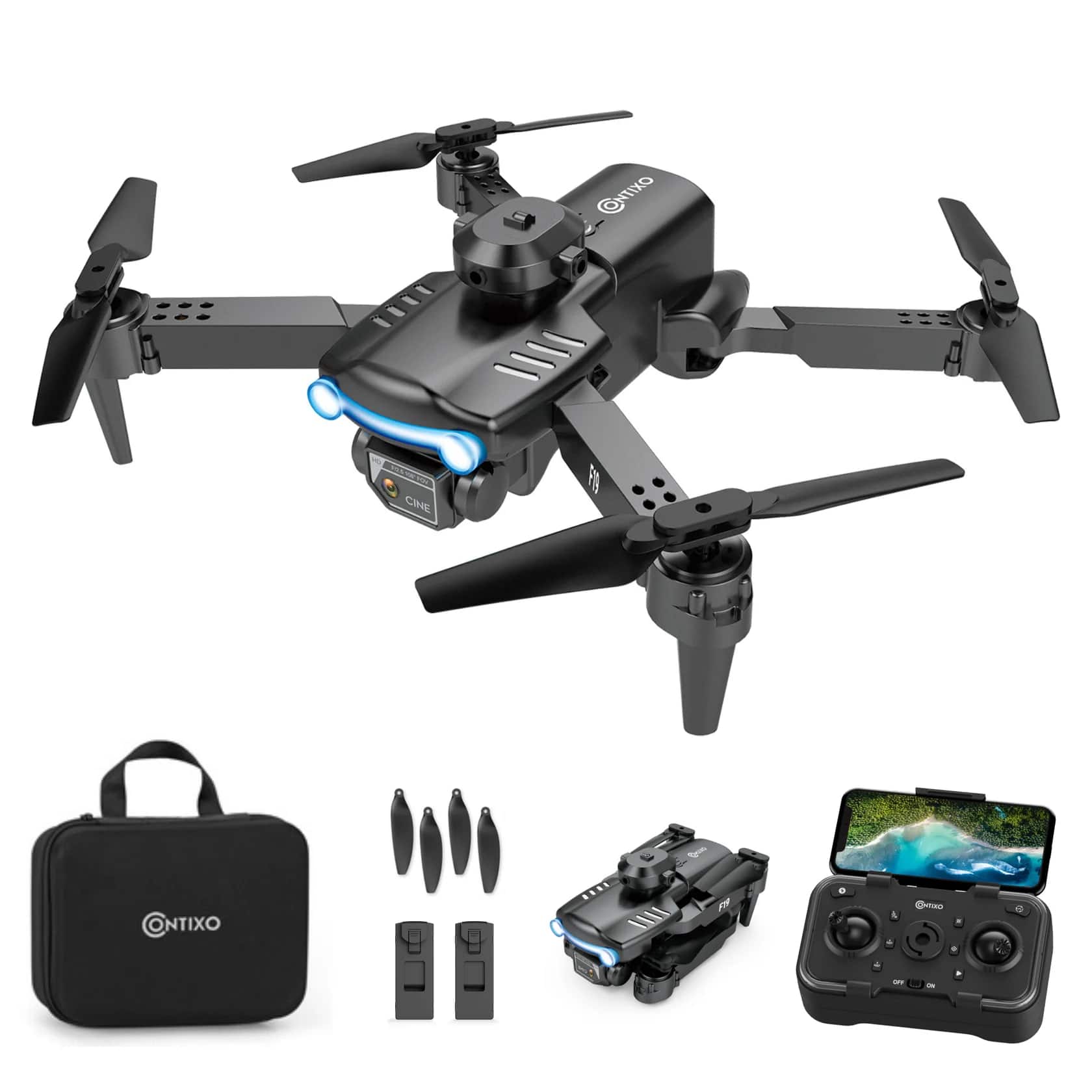Contixo - F19 Arvo Foldable Drone with 1080P HD Camera, FPV, Obstacle Avoidance, 2 Batteries, Brushless Motors & LED Lights - Silver