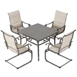 Nuu Garden - Patio 5-Piece Dining Table Set with Umbrella Hole and Textilene Chairs - Beige and Gray