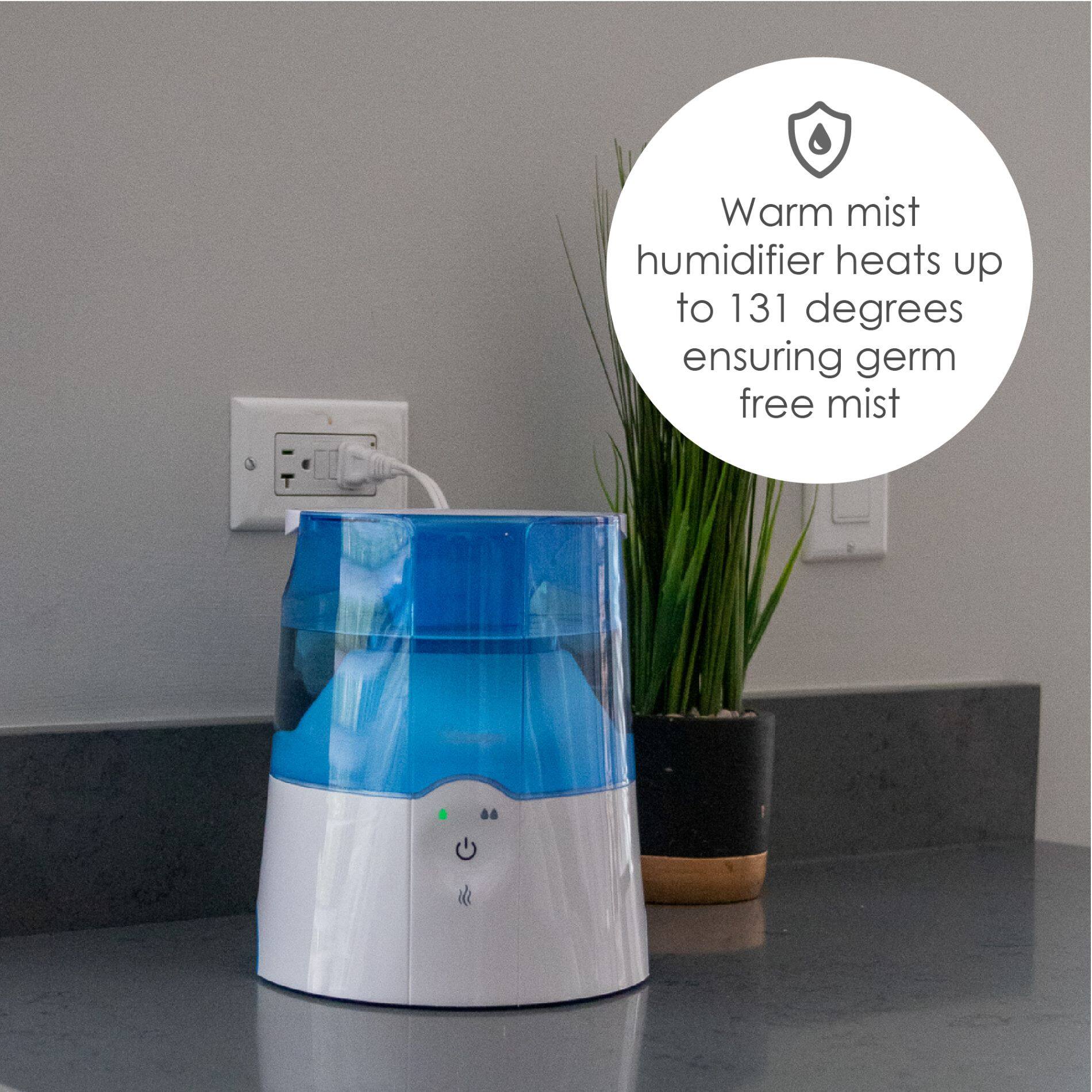 Warm mist humidifier heats up to 131 degrees ensuring germ free mist