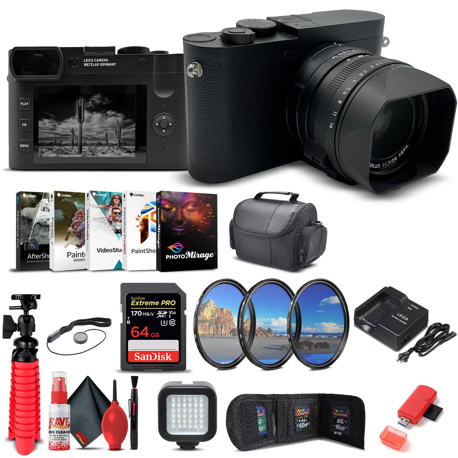PLAT FN MENU LEICA CAMERA WETZLAR SERMANT S c 5.6 23 30 APH MLUX 1,72 o. : C atoter 1 AfterSh - SonE C Hiaardua PaESTIN Pe/tiege i VideoStu PaintSho Paint PHOTO Mirage essen Sandie Extreme PRO 170 MB/s V30 1 64 GB L - ANAAA LENCA SanDisk AVE NaT CLEARD - - KAVE

- Leica Camera Wetzelar Germany
- AfterSh
- Paint essen
- VideoStu
- PaintSho
- Photo Mirage
- SanDisk Extreme PRO 170 MB/s V30 64 GB
- Leica Lens
- Camera Bag
- Tripod
- Cleaning Spray
- Lens Cleaning Cloth
- Flashlight
- Memory Card Case
- Battery Charger
- USB Cable
- Portable Charger