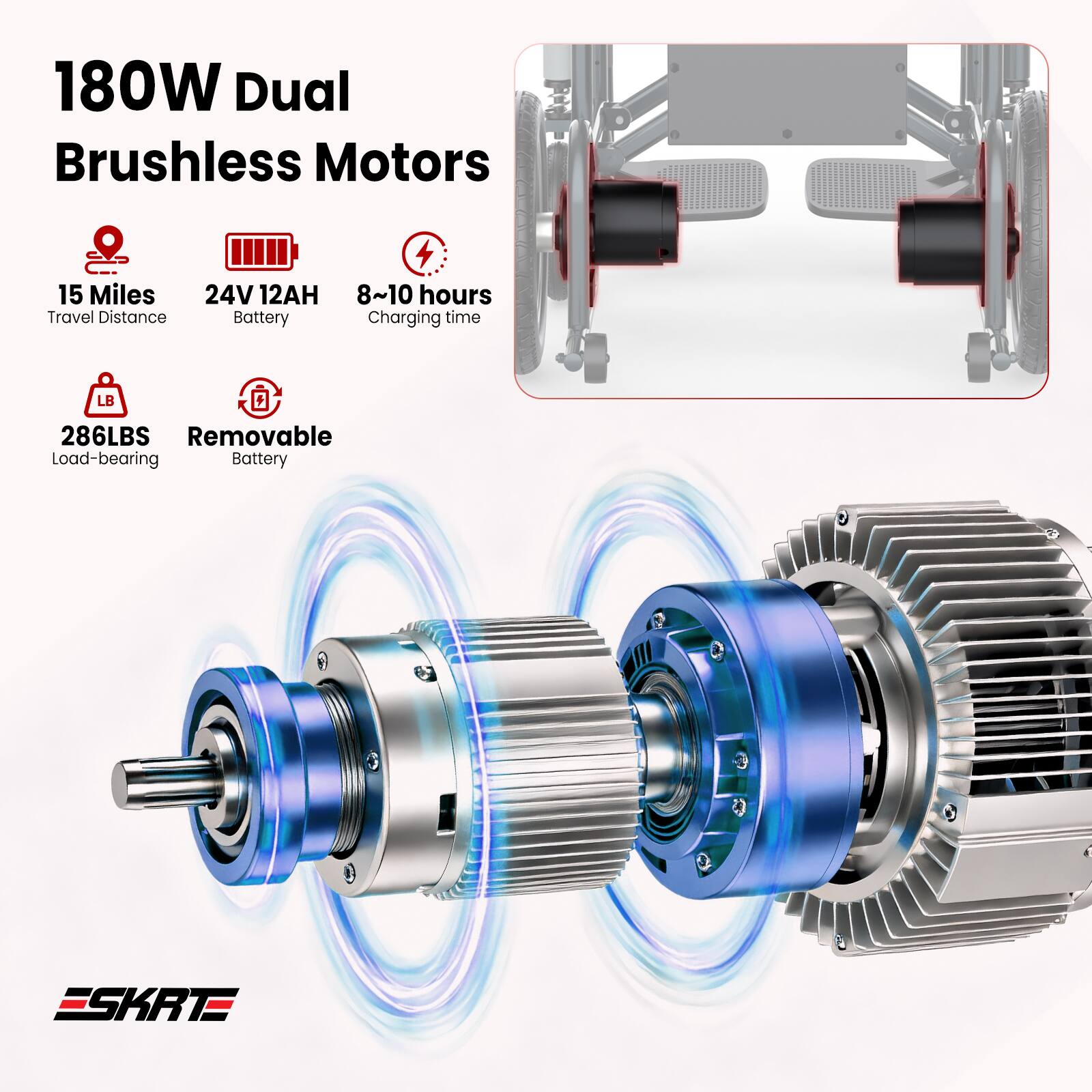 180W Dual Brushless Motors  
15 Miles Travel Distance  
24V 12AH Battery  
8~10 hours Charging time  
286LBS Load-bearing  
Removable Battery